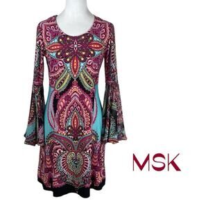 MSK Red, Pink And Teal Paisley Bell Sleeves Boho Festival Hippie Dress NWOT
